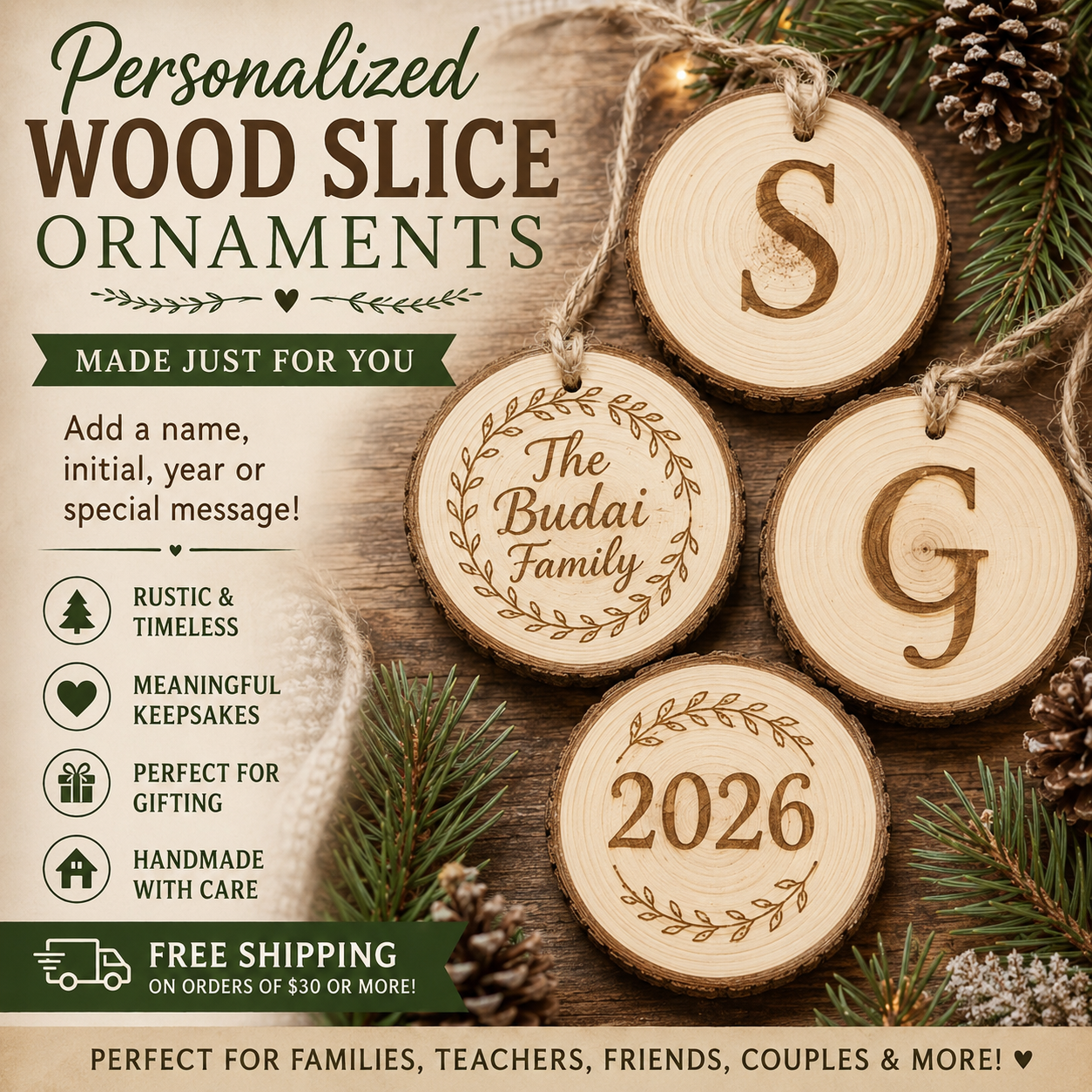 Personalized Wood Slice Christmas Ornament | Custom Name, Family,Baby’s First Christmas Ornament, 2026, Corporate