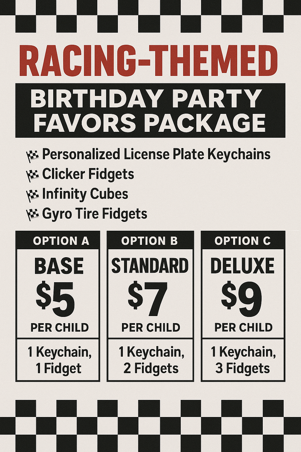 Racing Party Favor Gift Bags – 3D Printed Fidgets & Personalized License Plate Keychains