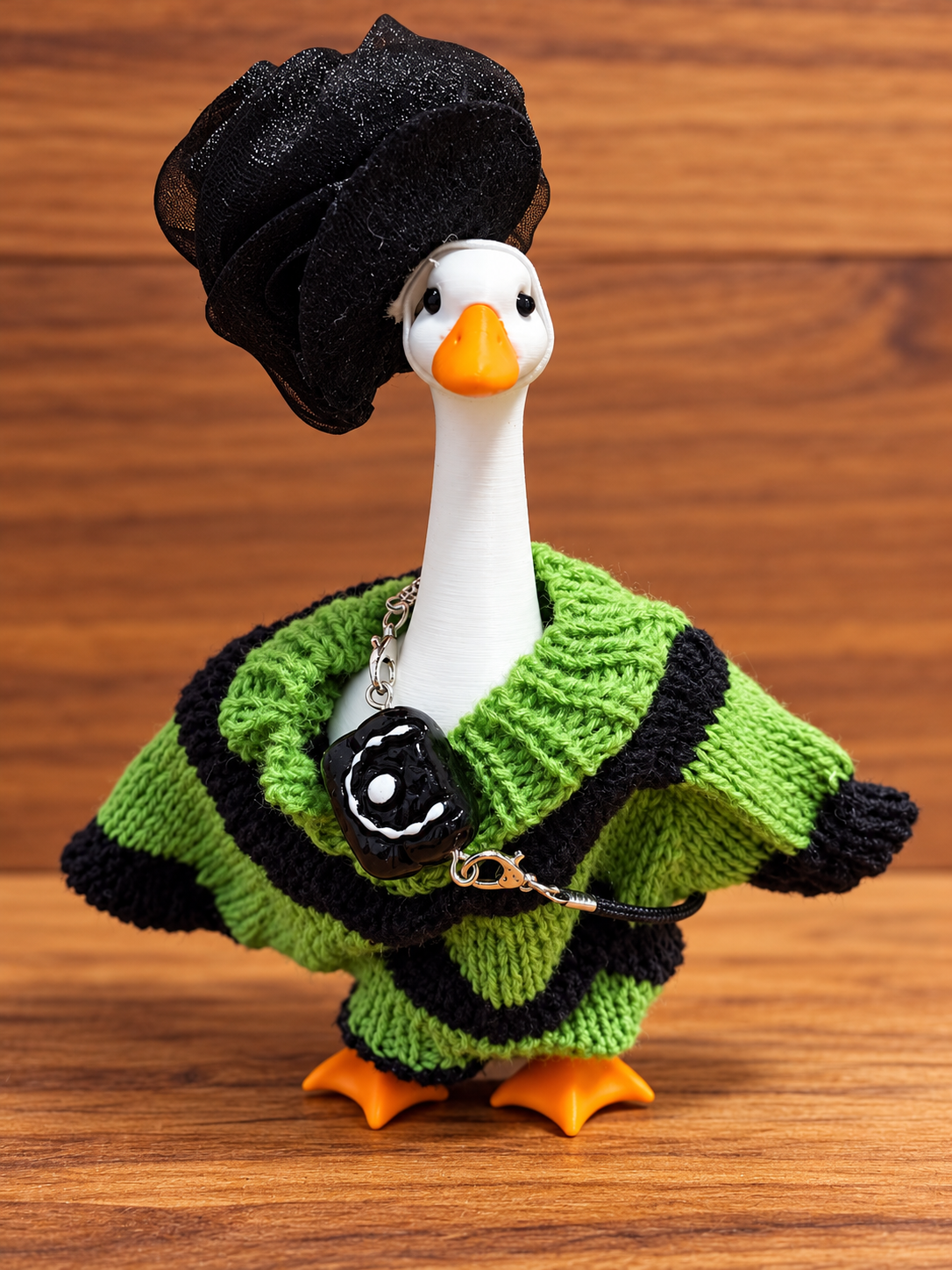 Mini Desk Goose dressed in green and black knit outfit with black hat, example mystery outfit