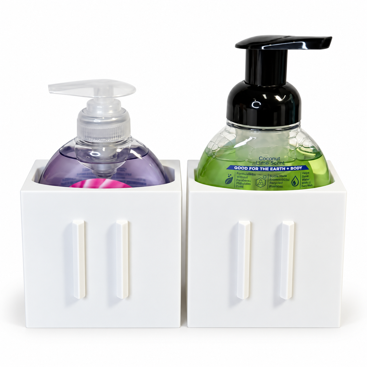 Two white bases demonstrating fit with 7.5 oz Softsoap bottles. Includes one base only; bottles and front plates excluded.