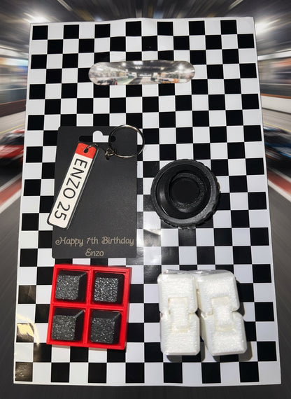 Racing Party Favor Gift Bags – 3D Printed Fidgets & Personalized License Plate Keychains