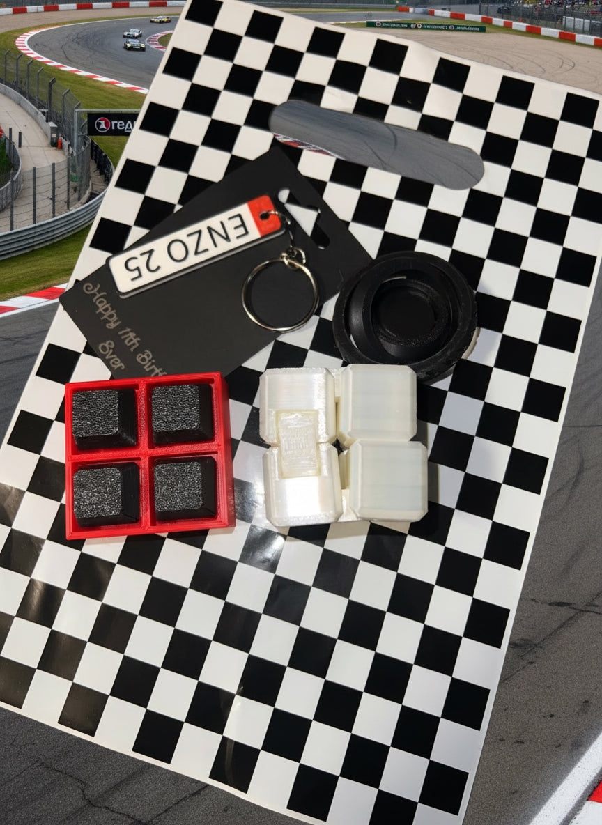 Racing Party Favor Gift Bags – 3D Printed Fidgets & Personalized License Plate Keychains