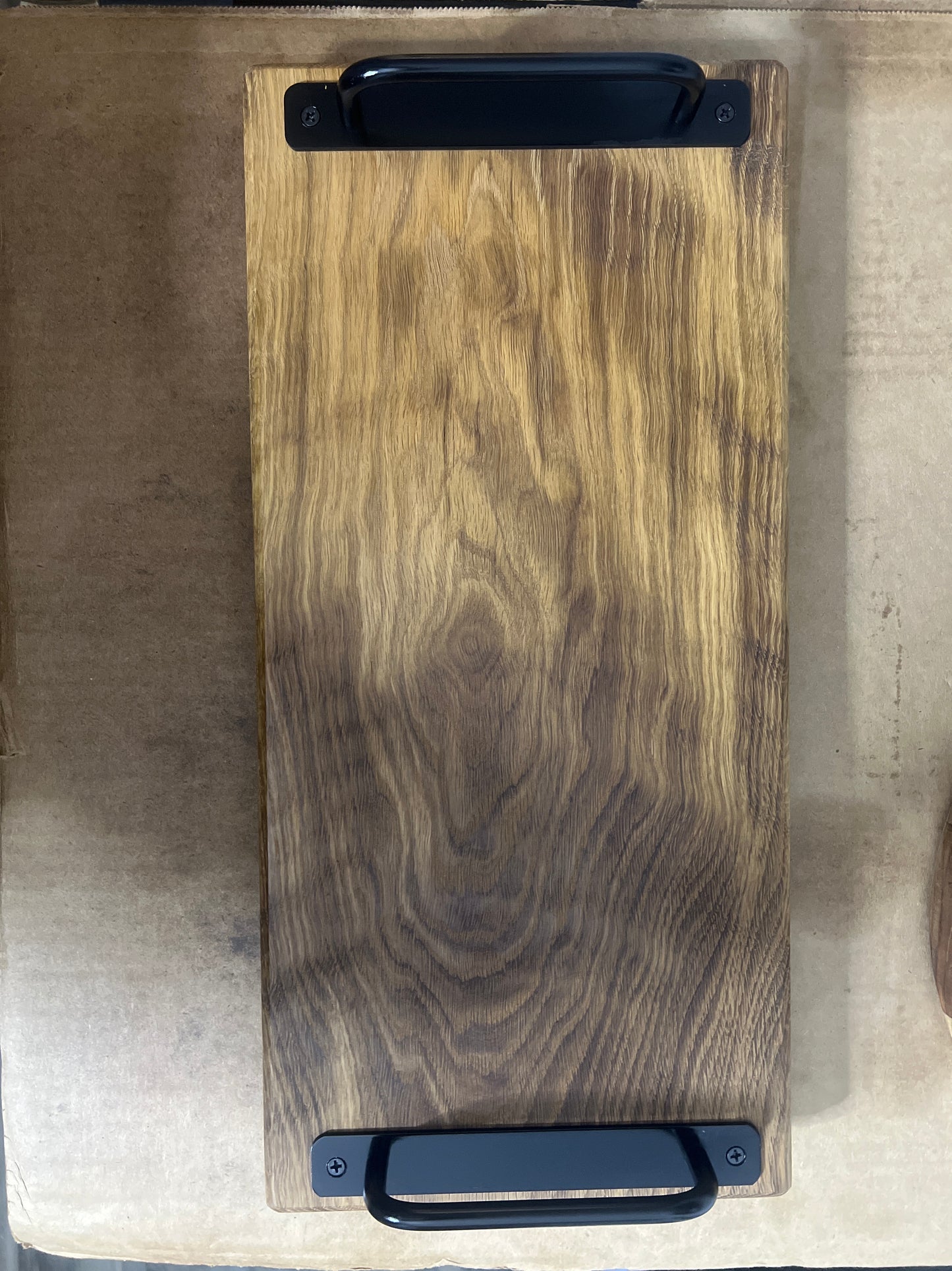 White Oak Wooden Serving Tray with Black Handles – 18” x 5” Modern Farmhouse Decor | Charcuterie Tray