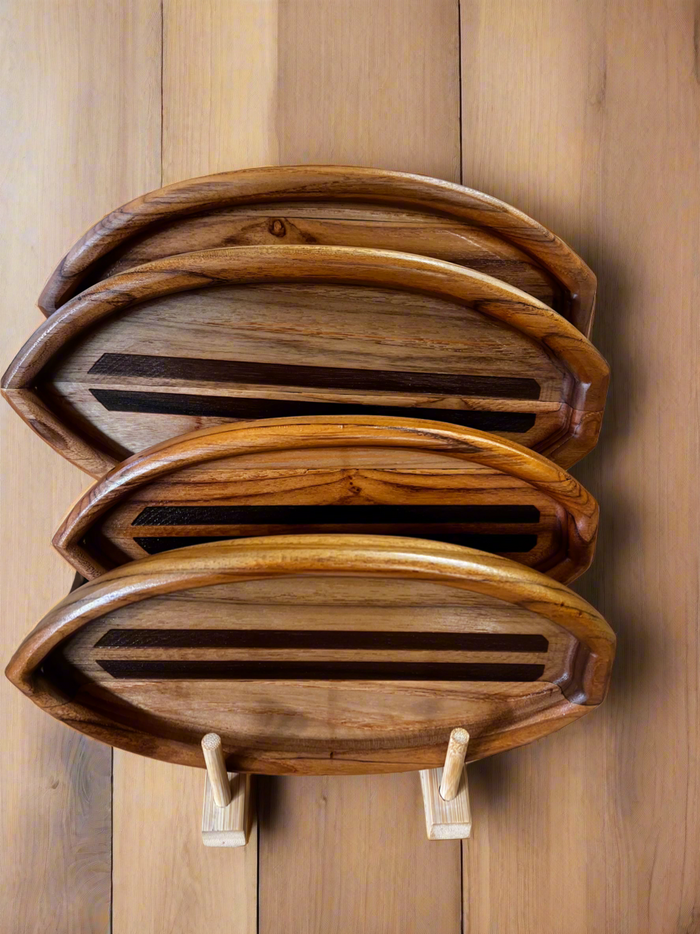 Teak Surfboard Wooden Serving Tray | Handcrafted Coastal Snack Tray | Beach & Surf Home Decor | Solid Teak Catchall