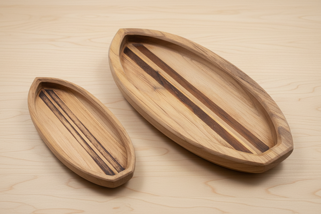 Teak Surfboard Wooden Serving Tray | Handcrafted Coastal Snack Tray | Beach & Surf Home Decor | Solid Teak Catchall