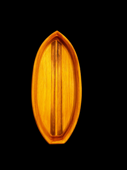 Teak Surfboard Wooden Serving Tray | Handcrafted Coastal Snack Tray | Beach & Surf Home Decor | Solid Teak Catchall
