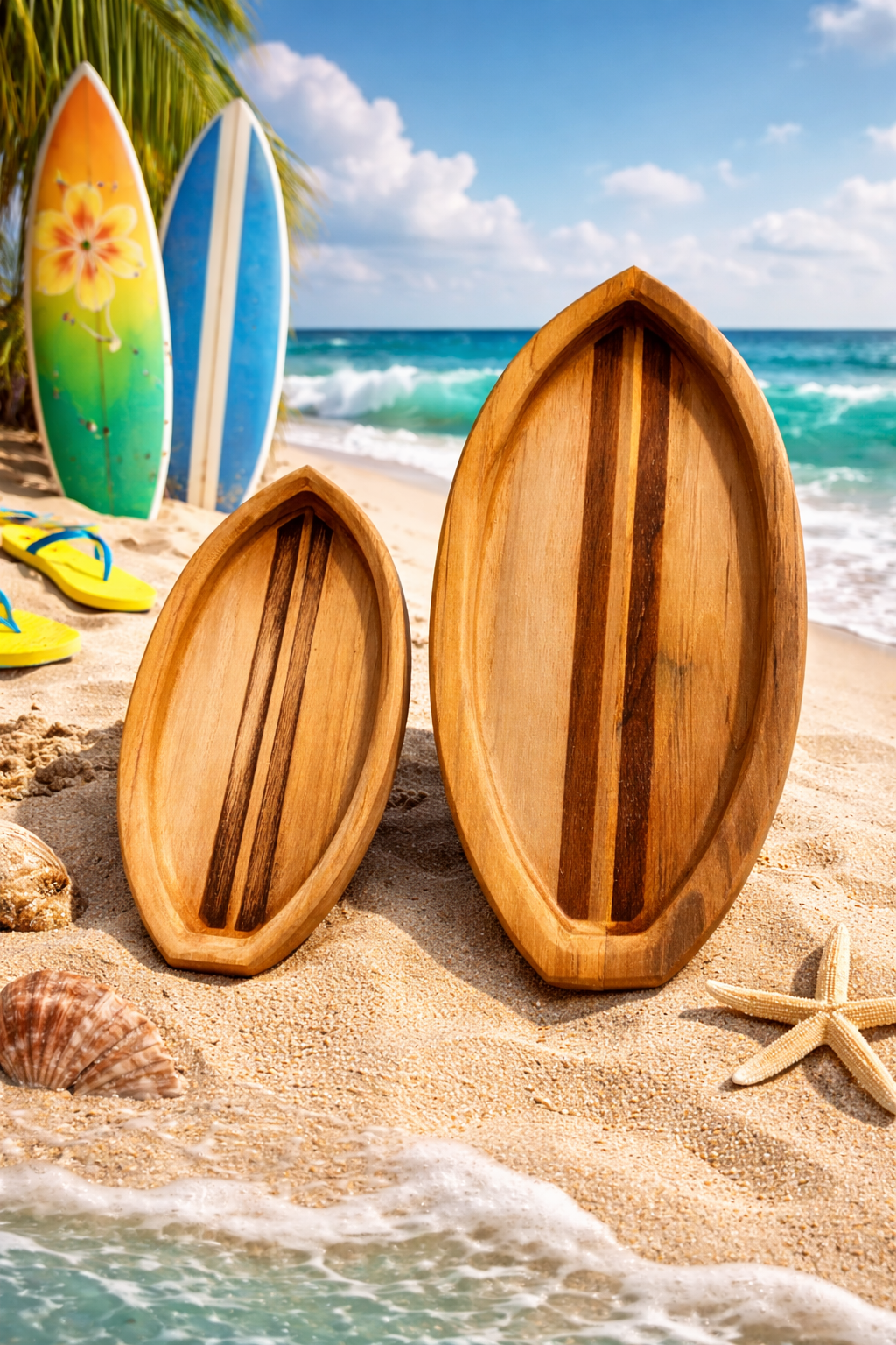 Teak Surfboard Wooden Serving Tray | Handcrafted Coastal Snack Tray | Beach & Surf Home Decor | Solid Teak Catchall