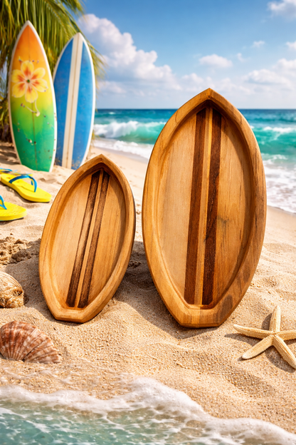 Teak Surfboard Wooden Serving Tray | Handcrafted Coastal Snack Tray | Beach & Surf Home Decor | Solid Teak Catchall