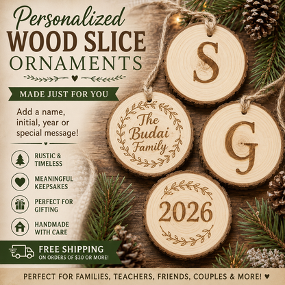 Personalized Wood Slice Christmas Ornament | Custom Name, Family,Baby’s First Christmas Ornament, 2026, Corporate