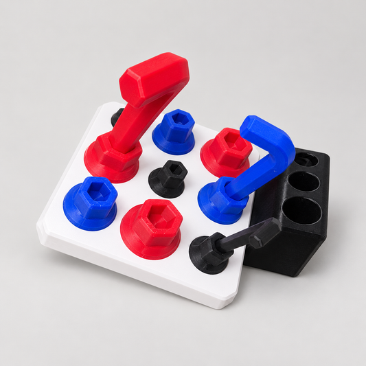 Allen Key Activity Board with red, blue and black screw pieces and matching tools on a white base