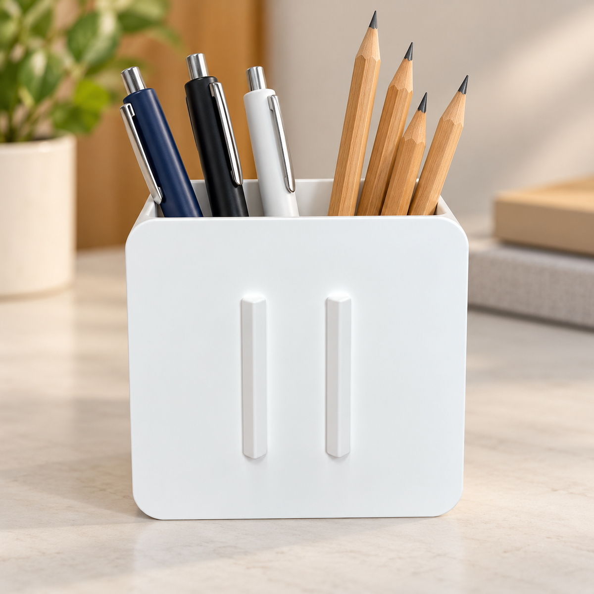 AI-styled desk illustration of the white interchangeable pen and pencil holder base. Pens, pencils, and covers are not included.
