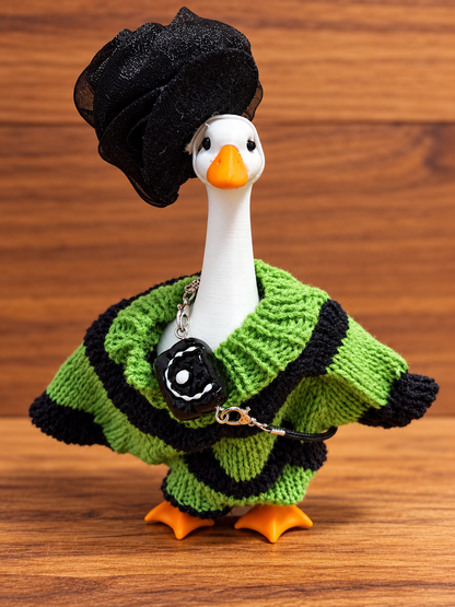 Mini Desk Goose dressed in green and black knit outfit with black hat, example mystery outfit