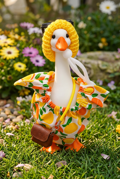 Example Mini Desk Goose dressed in a yellow bonnet and citrus-print outfit. Mystery outfit included may vary.
