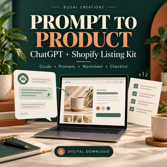 Prompt to Product: ChatGPT + Shopify Listing Kit by Budai Creations. Digital guide, prompts, worksheet and checklist.