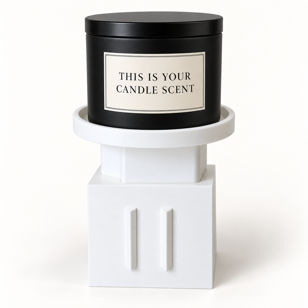 AI-styled black candle labeled This Is Your Candle Scent on the candle holder add-on and universal base. Candle is a display prop and is not included.