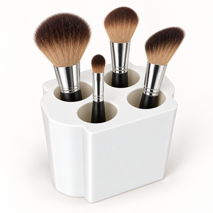 AI-styled makeup brush display in the four-opening insert. Makeup brushes are props and not included; base is sold separately.
