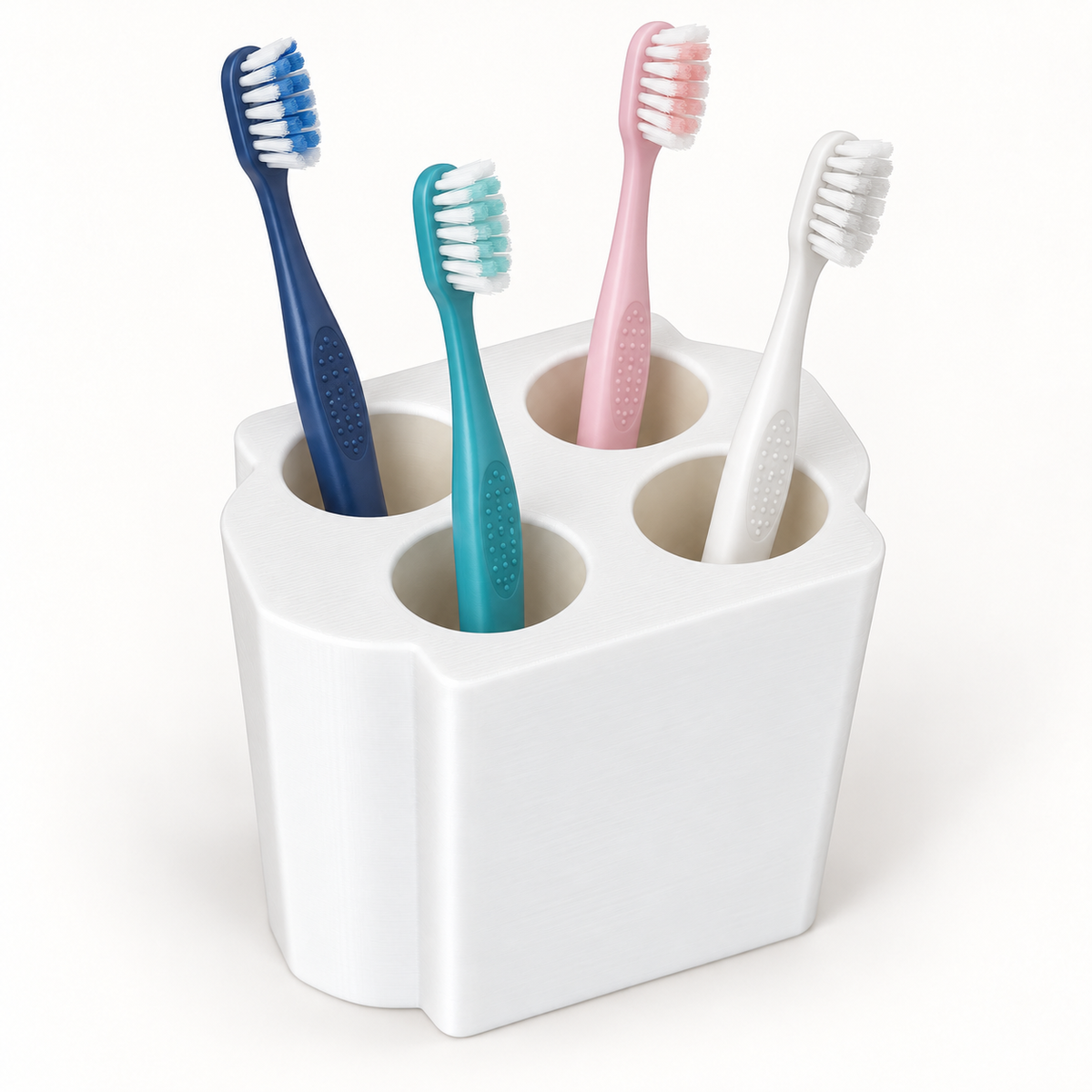 AI-styled display of four toothbrushes in the white four-opening add-on insert. Toothbrushes are props and are not included.