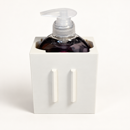 AI-enhanced compatibility illustration of the universal base with a clear pump bottle; bottle and covers not included.