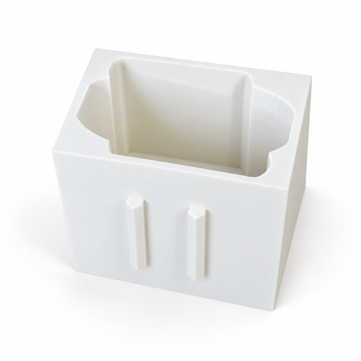 AI-enhanced empty white interchangeable soap bottle base showing its shaped interior and two front cover attachment rails.
