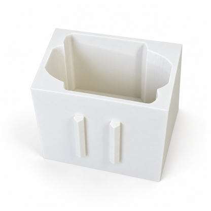 AI-enhanced empty white interchangeable soap bottle base showing its shaped interior and two front cover attachment rails.