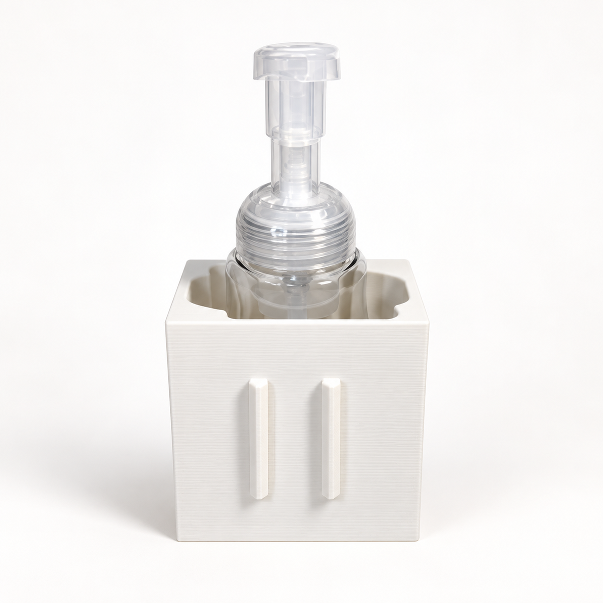 AI-enhanced compatibility illustration of the universal base with a tall foaming pump bottle; bottle and covers not included.