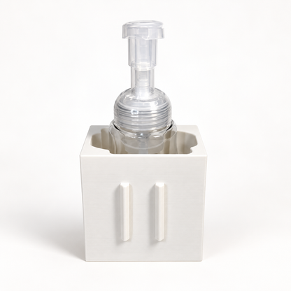 AI-enhanced compatibility illustration of the universal base with a tall foaming pump bottle; bottle and covers not included.