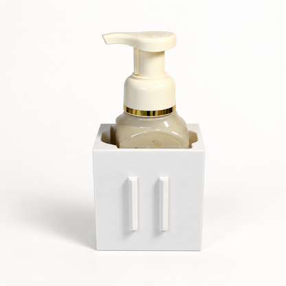 AI-enhanced compatibility illustration of the universal base with an ivory pump bottle; one base only, bottle and covers not included.
