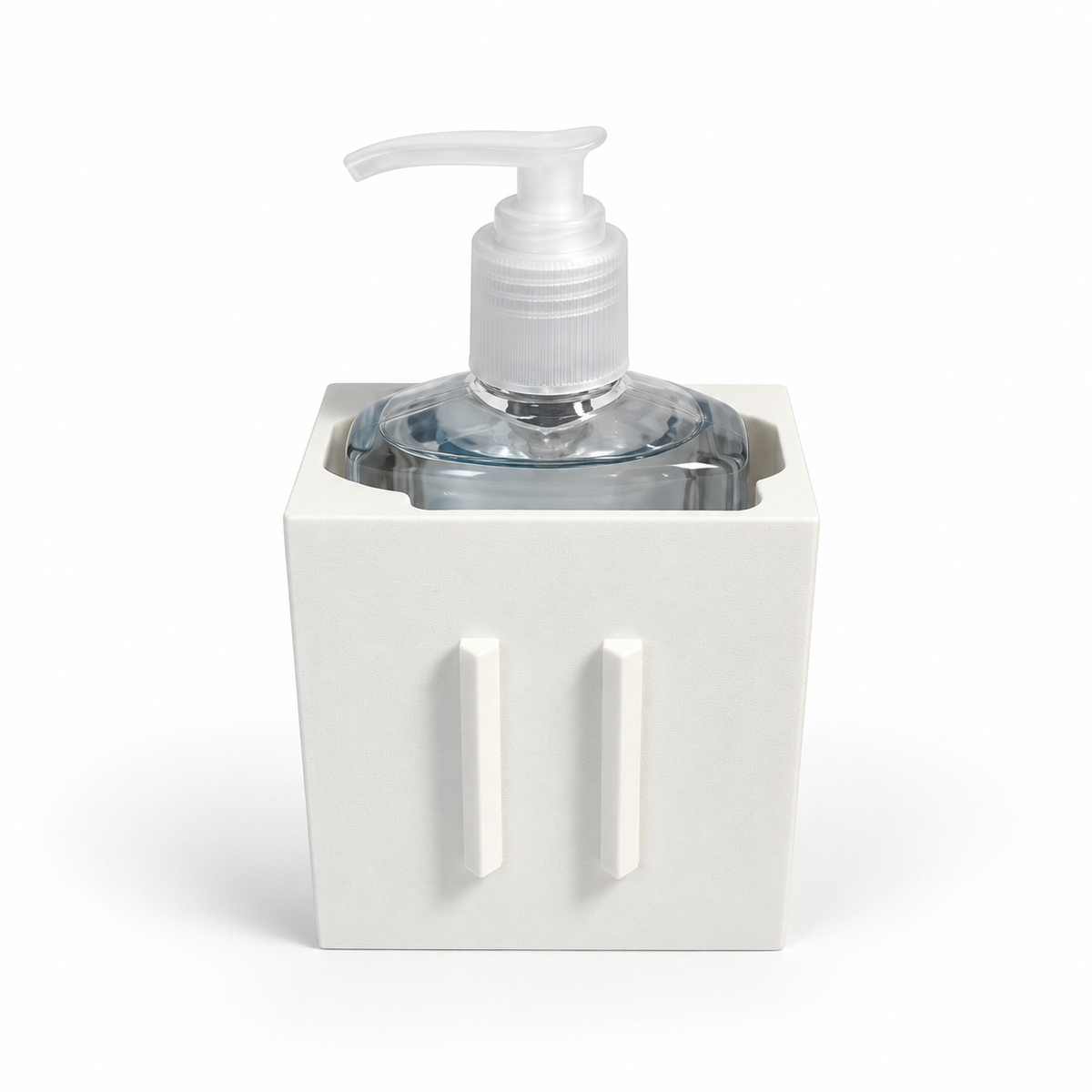 AI-enhanced compatibility illustration of the universal base with a white pump bottle; bottle and covers not included.